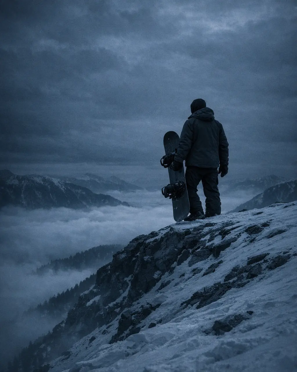 A snowboarder standing on a snow-covered ridge above a valley filled with cloud