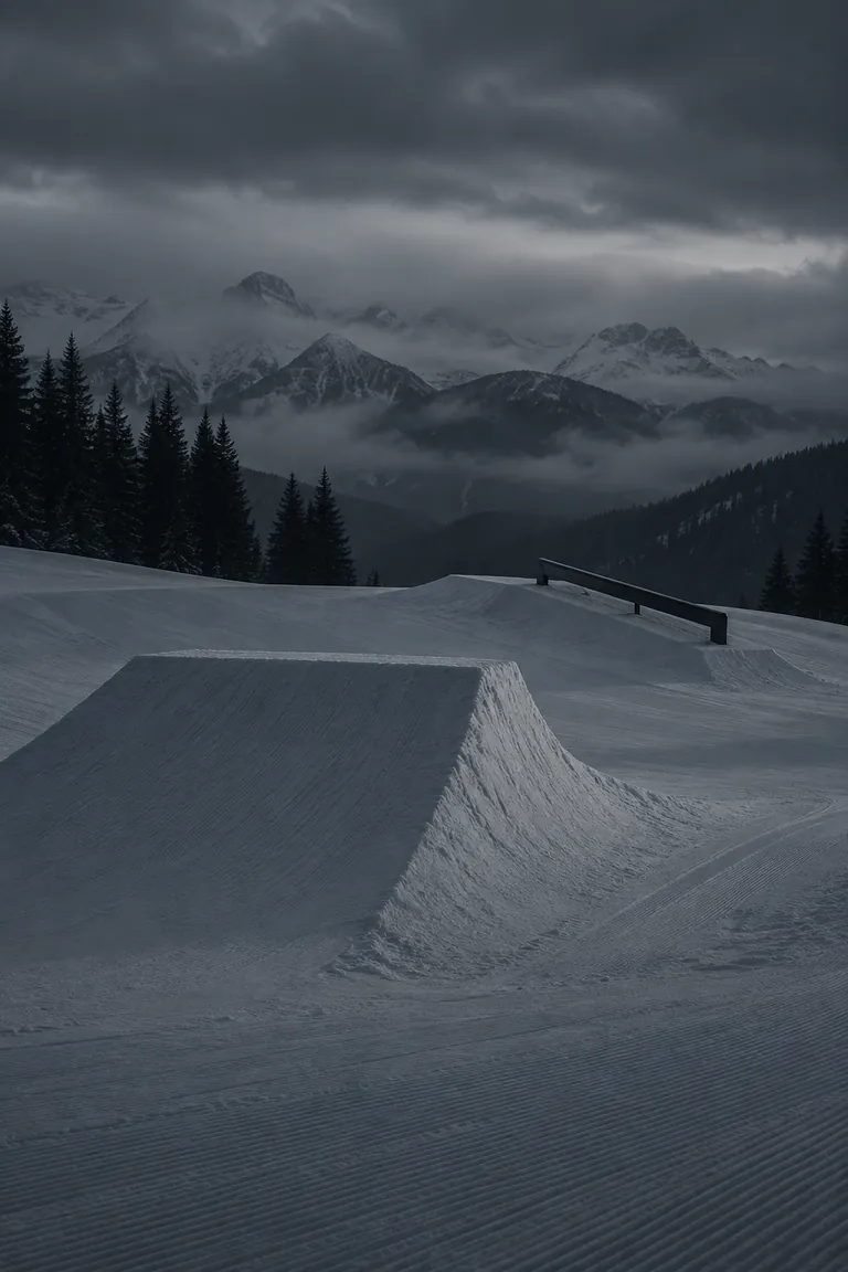 A shaped kicker and rail in a snowboard terrain park