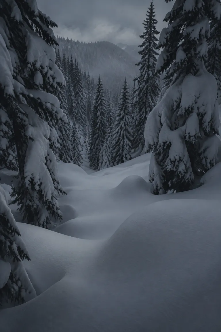 Deep untracked powder between snow-laden trees
